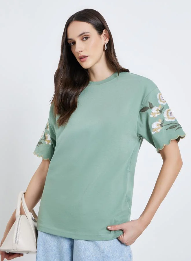 Styli Women Olive Embroidered Sleeve T-Shirt